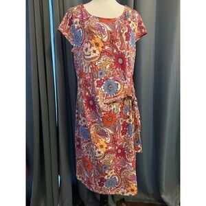 TALBOTS Size X Dress Island Paisley Colorful Pink Red Floral Retro Tied Waist